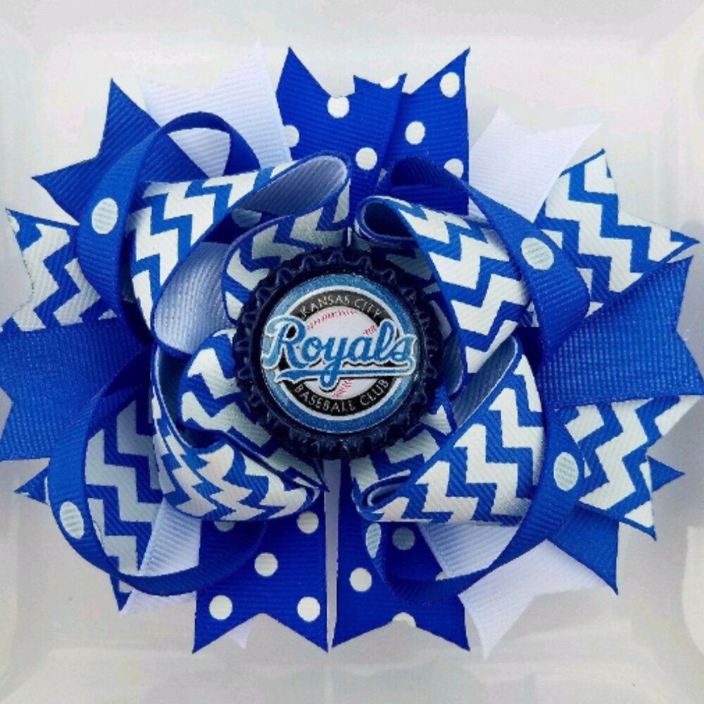 MLB Royals Baseball Blue White Bottle Cap Hair Bow 5"